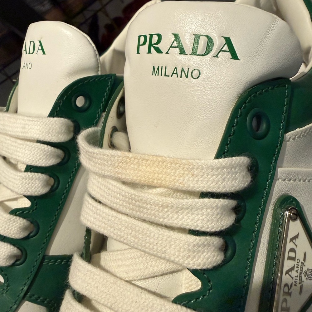 Prada White and Green Leather Sneakers - Picture 7 of 8